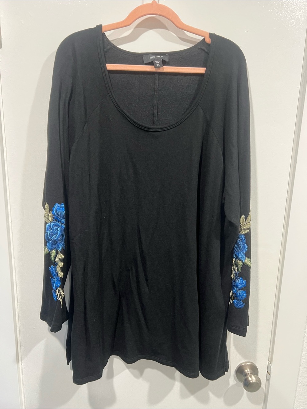 Karen Kane Black Long Sleeve Sweatshirt Tunic with Blue Rose Sleeve Embroidery